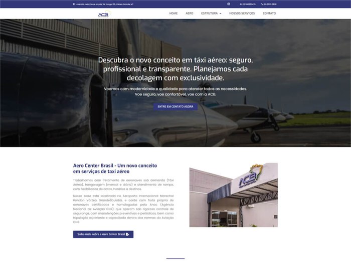 Site da Aero Center Brasil, projeto desenvolvido pela TECNOG3